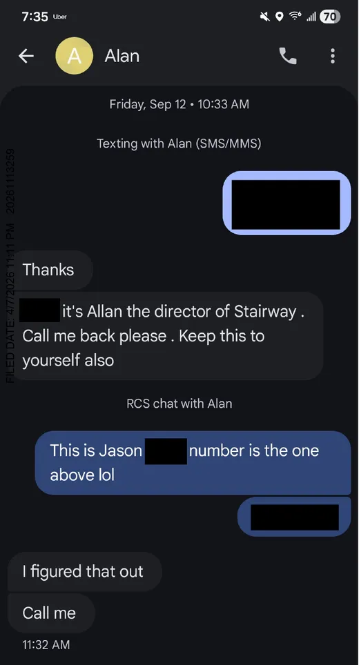 Text message: 'It's Allan the director of Stairway. Call me back please. Keep this to yourself also.'